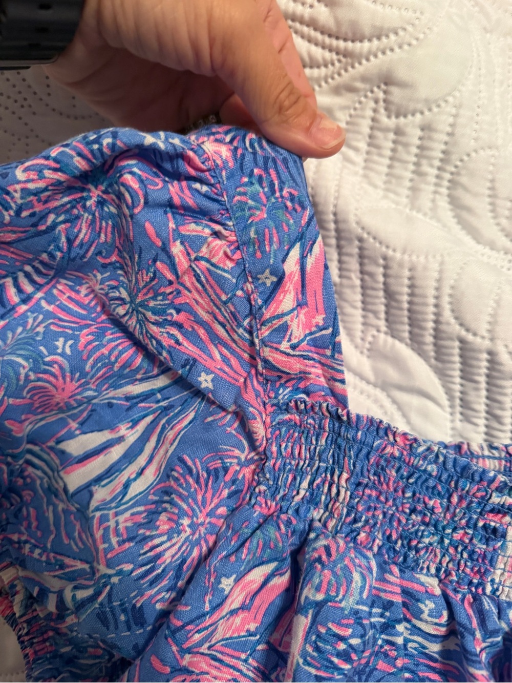 Lilly Pulitzer Blue & Pink Sailboat Smocked Off (or On) Shoulder Top - Picture 5 of 12